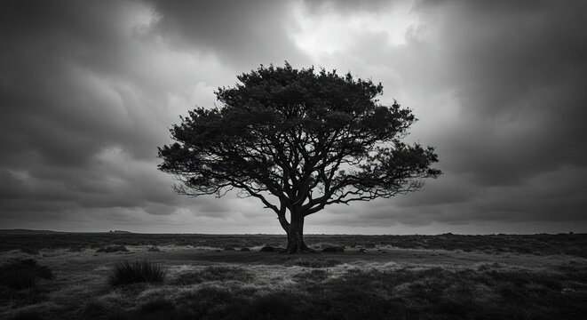 Solitary ancient tree stands strong against dramatic moody sky in stark black and white