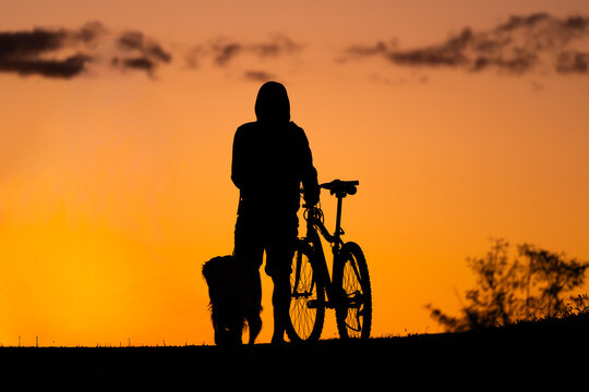Chico con su bicicleta paseando al atardecer 