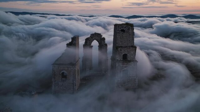 Medieval castle ruins rise above thick fog blanket creating ethereal dreamscape where reality meets fantasy through morning mist mystery