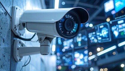 Security camera mounted on a wall in front of a blurred background of interactive displays