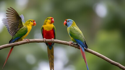 Fototapeta premium Three colorful birds perched on a branch.