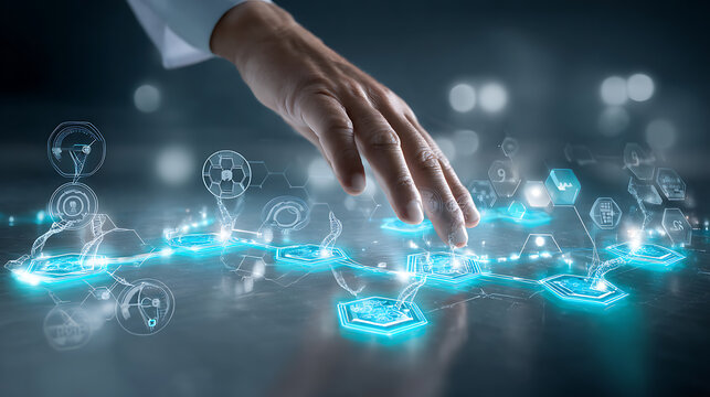 Hand interacting with a futuristic digital interface displaying connected data nodes and holographic icons
