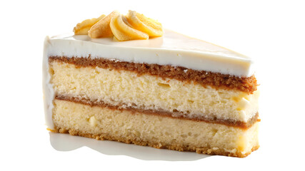 A slice of delicious cake isolated on transparent background, featuring layers of sponge, cream, and a caramel topping, perfect for dessert