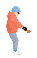 Vector illustration of a child in winter clothing with sunglasses and beanie, holding a toy shovel, isolated on white background.
