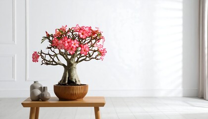 Blooming bonsai on wooden table
