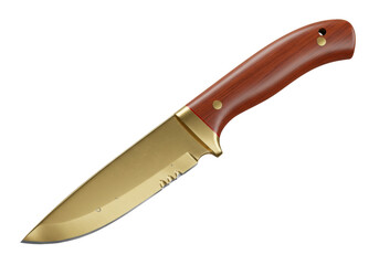 Isolated hunting knife with wooden handle and golden blade lying diagonally down right