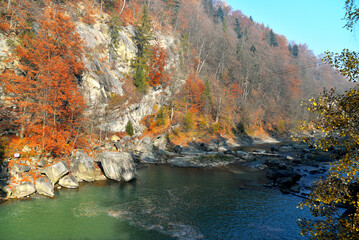 Autumn in Carpathian Mountains with water flow landscape.