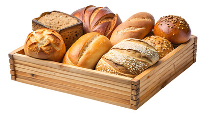 An assortment of freshly baked bread in a wooden crate isolated on transparent background, showcasing various shapes, sizes, and textures of bread
