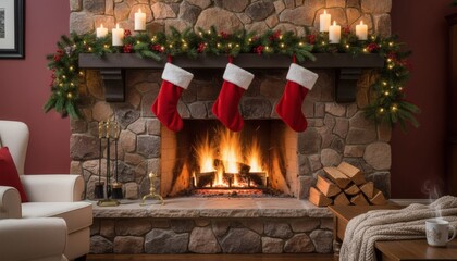 Cozy fireplace with Christmas stockings