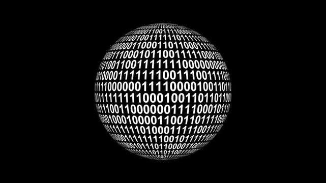 Loopable: Sharp white binary digital code on spherical surface abstract background with randomly changing zeros and ones isolated on black.
