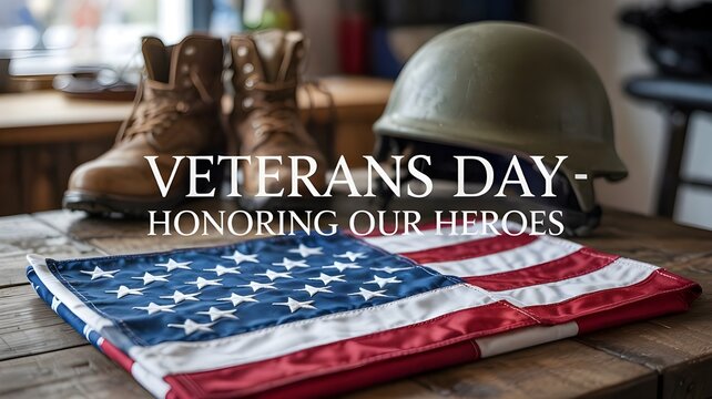 Veterans day tribute featuring a folded american flag, combat boots, and a military helmet, symbolizing honor, sacrifice, and remembrance for heroes