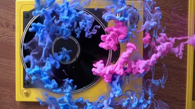 Blue ink swirls in water above a vintage yellow turntable a surreal concept of music's fluid nature creativity or synesthesia a very creative music concept