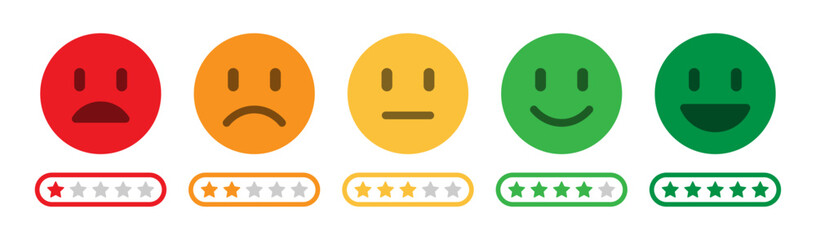 Rating emoji set with loading star bars indicator for customer feedback. Sad happy, neutral, good, excellent emojis. Flat rating smileys with star vector illustration.