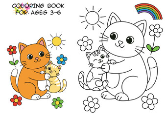 Colorful cats playing with kittens in a cheerful garden setting  