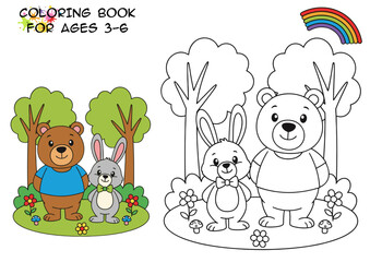 Coloring page of cats with flowers, sun, and rainbow for kids  