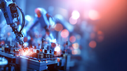Industrial robotic arm performing precision welding in a high-tech manufacturing environment with glowing sparks and blurred background machinery.