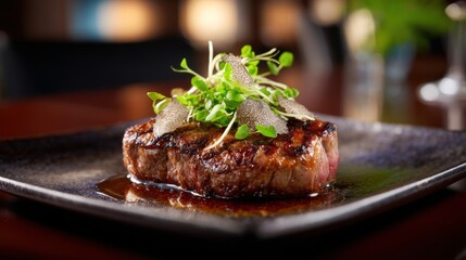 Gourmet steak plated with fresh microgreens and black truffle offering a luxurious and elegant dining experience
