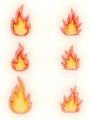 Six stylized cartoon illustrations of flames in varying shapes and sizes, featuring red, orange, and yellow colors with distinct outlines on a plain background.