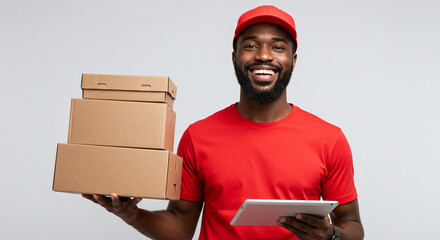 Friendly delivery man with tablet bringing packages and spreading joy, ideal for portraying efficient service and happy customer experiences in advertising