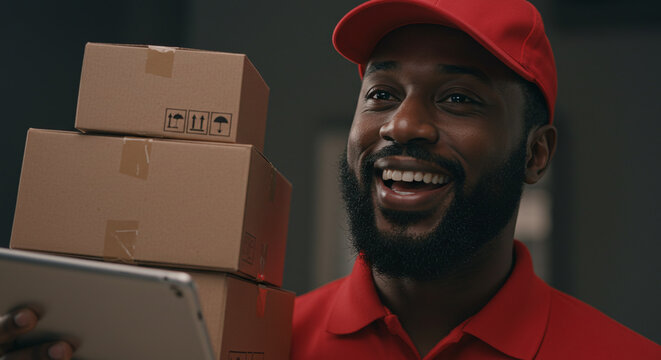 Friendly delivery man with boxes and tablet providing excellent service, smiling with genuine happiness and offering reliable express shipping solutions