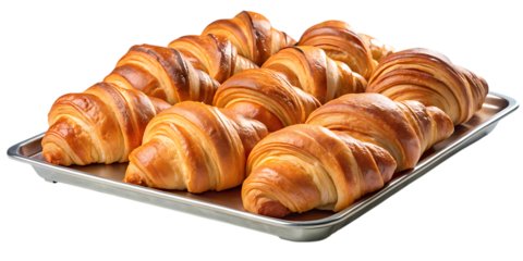 Delicious croissants on a metal tray, freshly baked and ready to be enjoyed isolated on transparent background