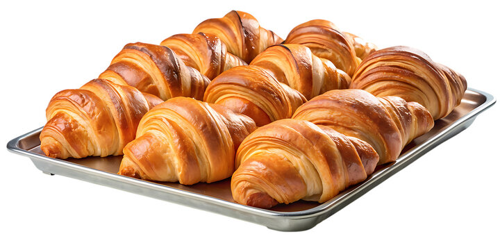 Delicious croissants on a metal tray, freshly baked and ready to be enjoyed isolated on transparent background