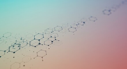 Abstract molecular structure illustration on gradient background in blue pink and orange.