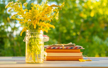 peaceful outdoor scene with Vintage wooden box filled with old letters and mug holding wildflowers on sunlit table in garden, Nostalgic charm, sentiment love story, nostalgic correspondence