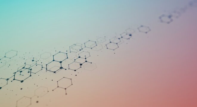Abstract molecular structure illustration on gradient background in blue pink and orange.