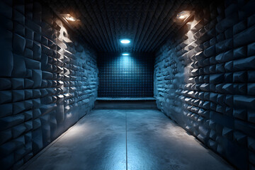 Soundproofed recording studio featuring dark acoustic foam and blue lighting ideal for radio or podcast backgrounds with space for website banner