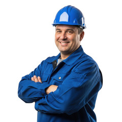 Smiling blue collar worker in hard hat and blue work uniform arms crossed confident