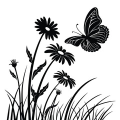 Butterfly flying near daisies silhouette