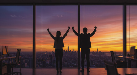Fototapeta premium Two silhouetted business people celebrating victory with arms raised high against a stunning city skyline sunset view from a modern office.