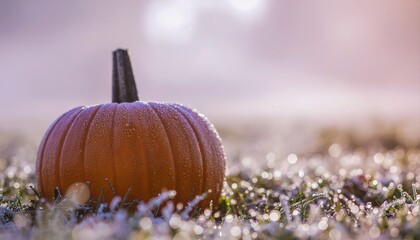 Single pumpkin on frosty ground at sunrise representing autumn season, change, balance, and harmony with nostalgic natural perspective and vibrant warm timeless composition.