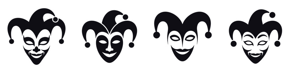 Creepy Halloween Jester Mask Vector Set – Evil Clown Face Icons, Spooky Harlequin Silhouettes, Horror Joker Masks Clipart for Halloween Decorations, Costumes, and Dark Art Designs