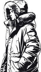 Winter parka coat with fur hood, bold black line art 1