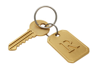 Isolated brass key and letter R tag on keyring depicts security, access, control, rental