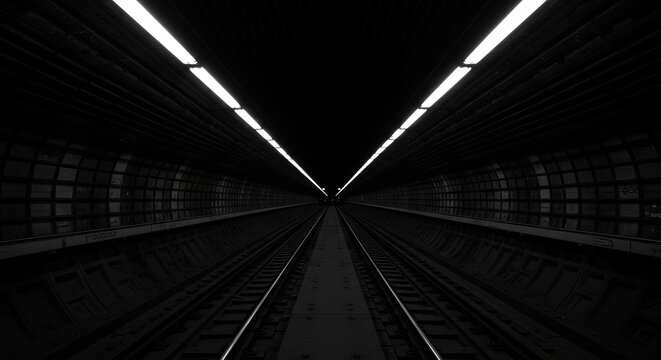 Journey into darkness and light with empty subway tracks stretching into the distance