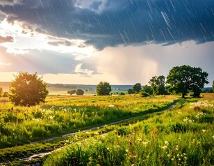 Scenic landscape with rain shower