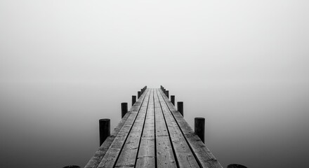 Journey into the unknown fog on a weathered wooden pier leading to endless possibilities