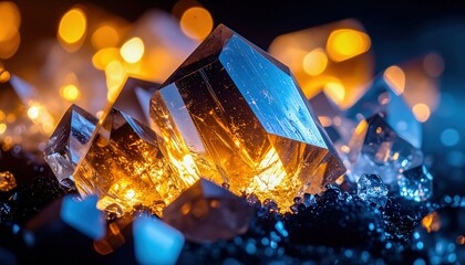 Vibrant glowing crystals with orange highlights symbolizing energy, growth, and natural beauty with timeless perspective and balanced harmonious artistic composition.