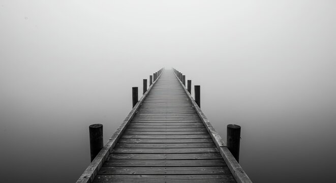 Wooden pier disappears into serene misty lake horizon, evoking tranquility and exploration