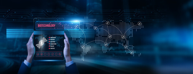 Scientist holding a tablet with biotechnology data on screen genetic research, and medical...