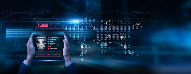 Developer holding a tablet with chatbot data on the screen AI-powered conversation automation customer service digital interaction support systems use machine learning for real-time communication.