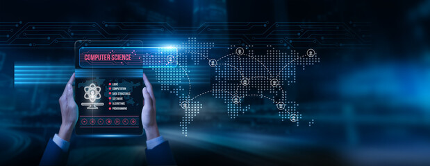 Researcher holding a tablet with computer science data on screen algorithm design software...