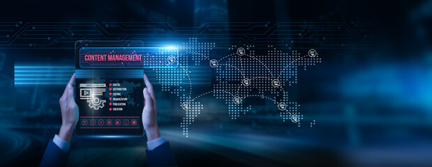 Manager holding a tablet with content management data on the screen publishing workflow digital assets collaboration system integration knowledge sharing information architecture optimization, growth.
