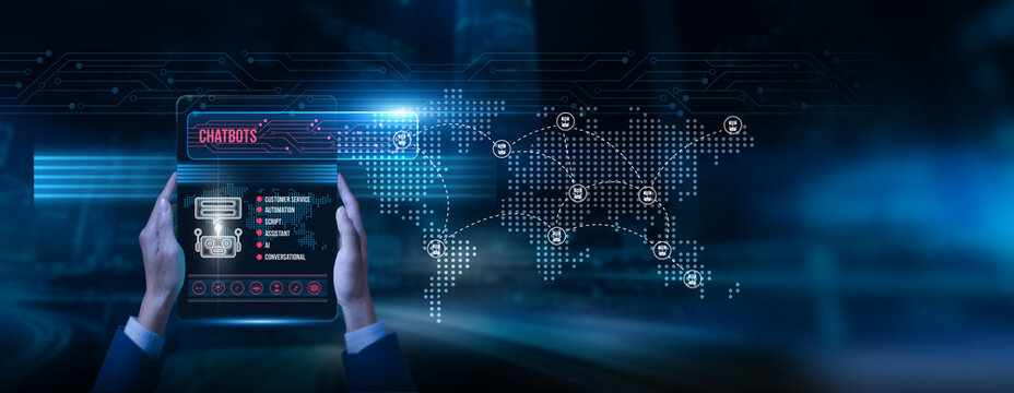 Developer holding a tablet with chatbot data on the screen AI-powered conversation automation customer service digital interaction support systems use machine learning for real-time communication.