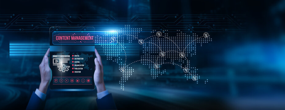 Manager holding a tablet with content management data on the screen publishing workflow digital assets collaboration system integration knowledge sharing information architecture optimization, growth. - Powered by Adobe