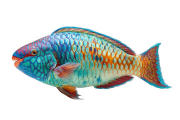 Fototapeta premium Vibrant parrotfish with turquoise, orange, and red scales, isolated on a transparent background. background removed