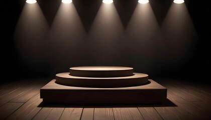 Wooden stage illuminated by spotlights in a dark room.